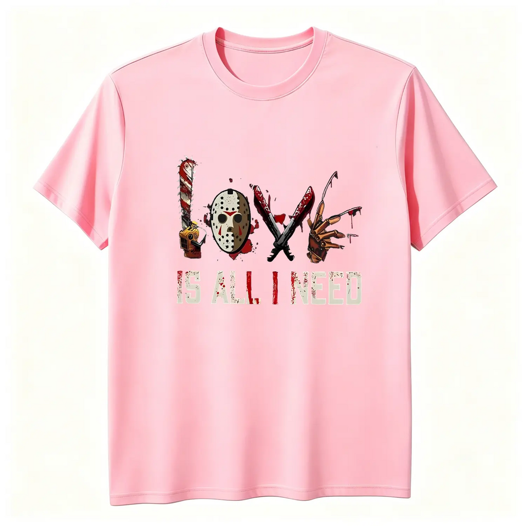 Women's Halloween Squad T-Shirt - Short-Sleeve Casual Horror Movie Graphic Top, Halloween Shirts for Women, "Love is All I Need" Novelty Scary Tee Crewneck Womenswear