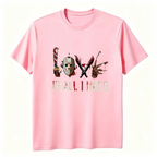 Women's Halloween Squad T-Shirt - Short-Sleeve Casual Horror Movie Graphic Top, Halloween Shirts for Women, "Love is All I Need" Novelty Scary Tee Crewneck Womenswear