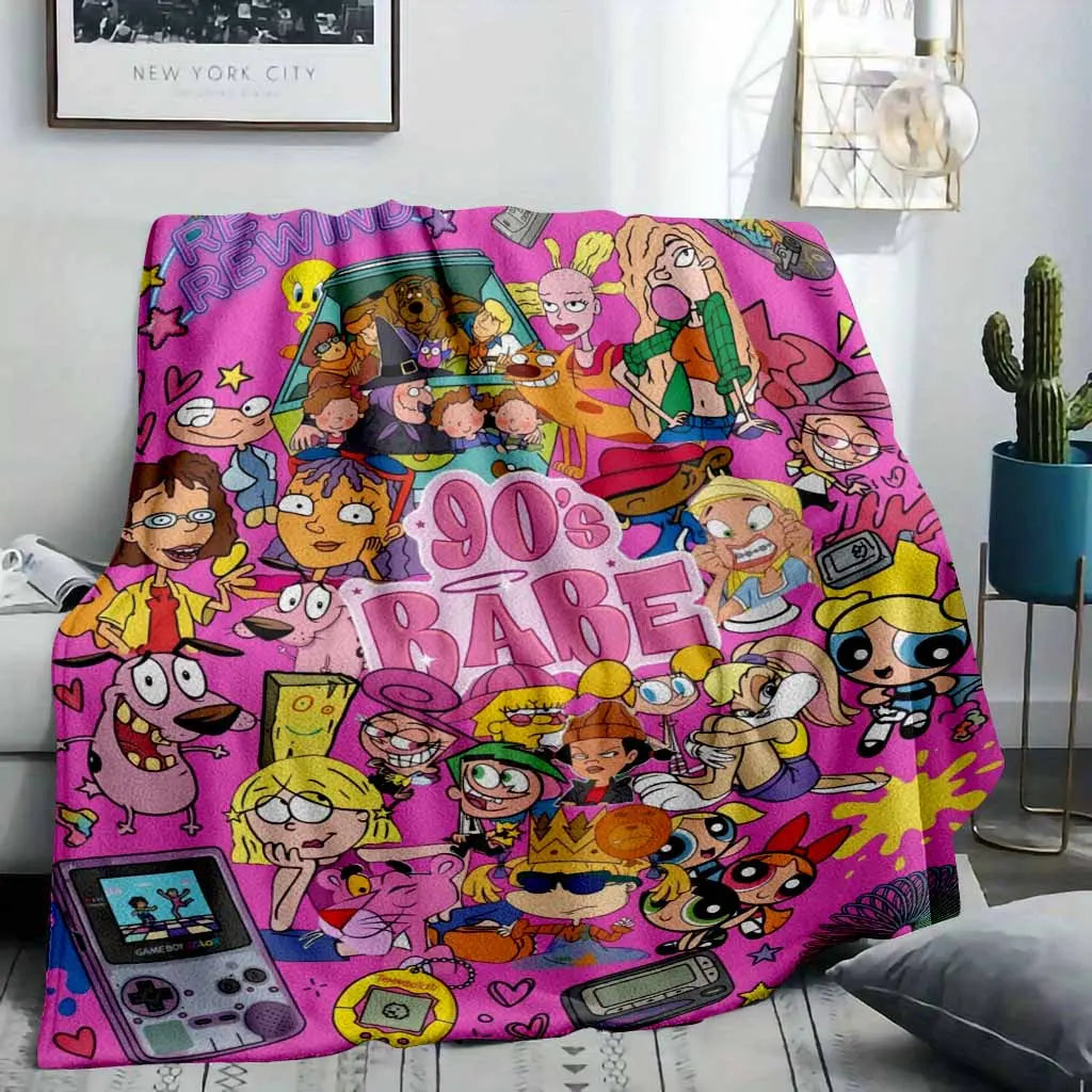 90s Nostalgic Cartoon Collage Flannel Fleece Blanket - Iconic Retro Pop Culture Characters Print, Breathable Soft Comfy Cozy Throw, Decorative Sofa Blanket for Living Room, Travel Gifts, Breathable Soft Blanket - View 2
