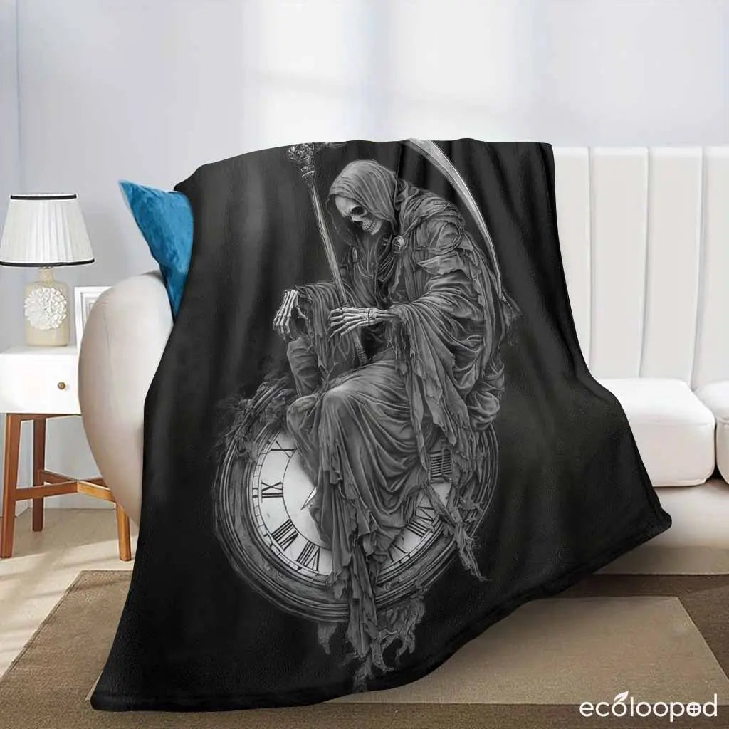 Grim Reaper Flannel Throw Blanket - Soft, Gentle on Skin, Death & Time Clock Print, Lightweight, Anti-Pilling, Wrinkle Resistant, Gothic Home Decor, Halloween Gift for Dark Fantasy Lovers, Cozy Warm Bedding Blanket - View 5