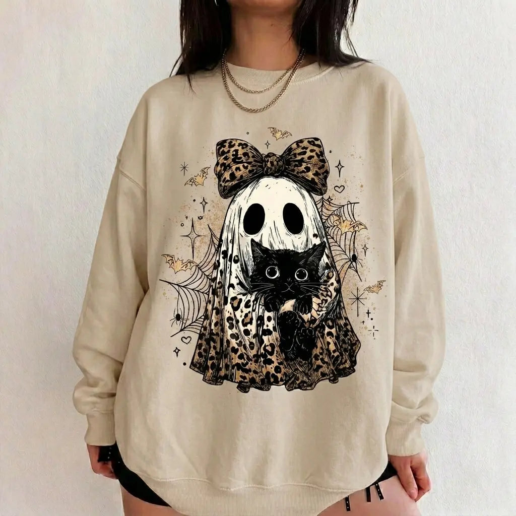 Leopard Ghost Cat Halloween Sweatshirt, Cute Spooky Black Cat Graphic Shirt, Coquette Bow Ghost Fall Outfit