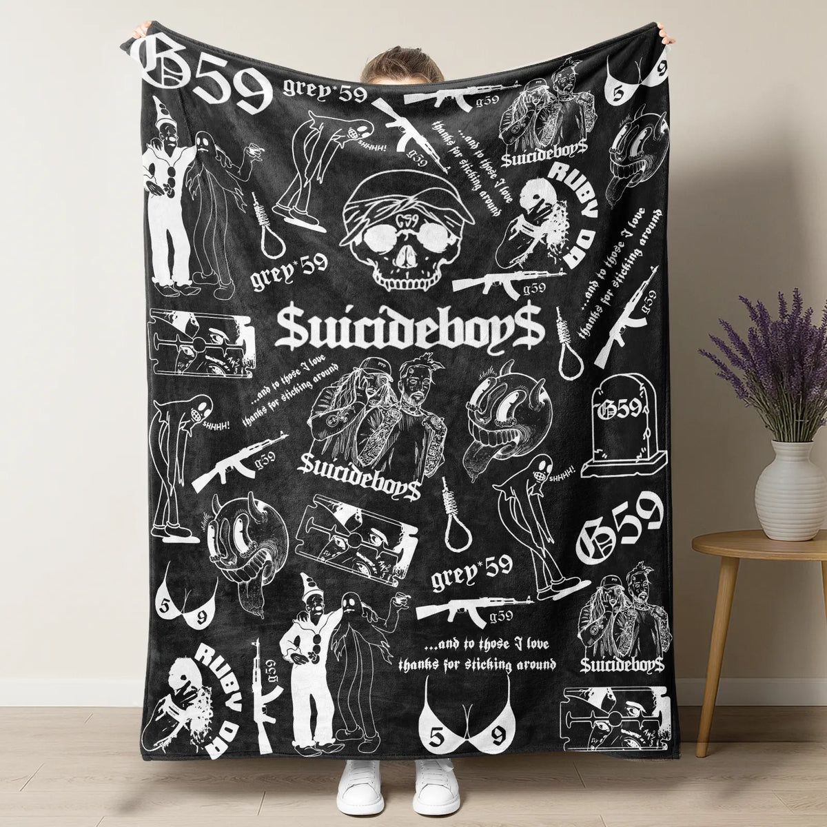 Retro Punk Full Wrap Print Blanket, Premium Soft Fleece Pink Black Horror Skull & Clown Art Blanket Versatile For Sofa Nap Camping And Fan Collectible Present - View 5