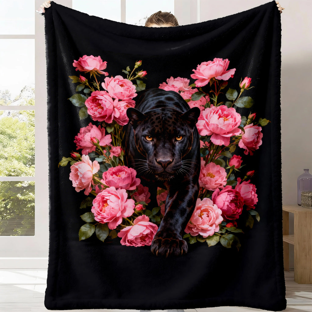 Black Panther & Pink Peony Artistic Flannel Fleece Throw Blanket - Ultra Soft, HD Print Floral Animal Design, Non-Shedding, Warm, Lightweight, Cozy for Sofa, Bed or Reading Nook, Home Decor Unique Gift, Cozy Throw Blanket - View 1