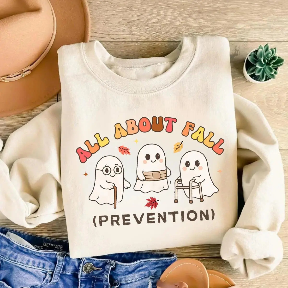 All About Fall Prevention Ghost Sweatshirt or T-Shirt, Cute Halloween Nursing Sweater, Funny Ghost Fall Safety Shirt, Autumn Occupational Therapy Gift
