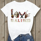 Women's Halloween Squad T-Shirt - Short-Sleeve Casual Horror Movie Graphic Top, Halloween Shirts for Women, "Love is All I Need" Novelty Scary Tee Crewneck Womenswear