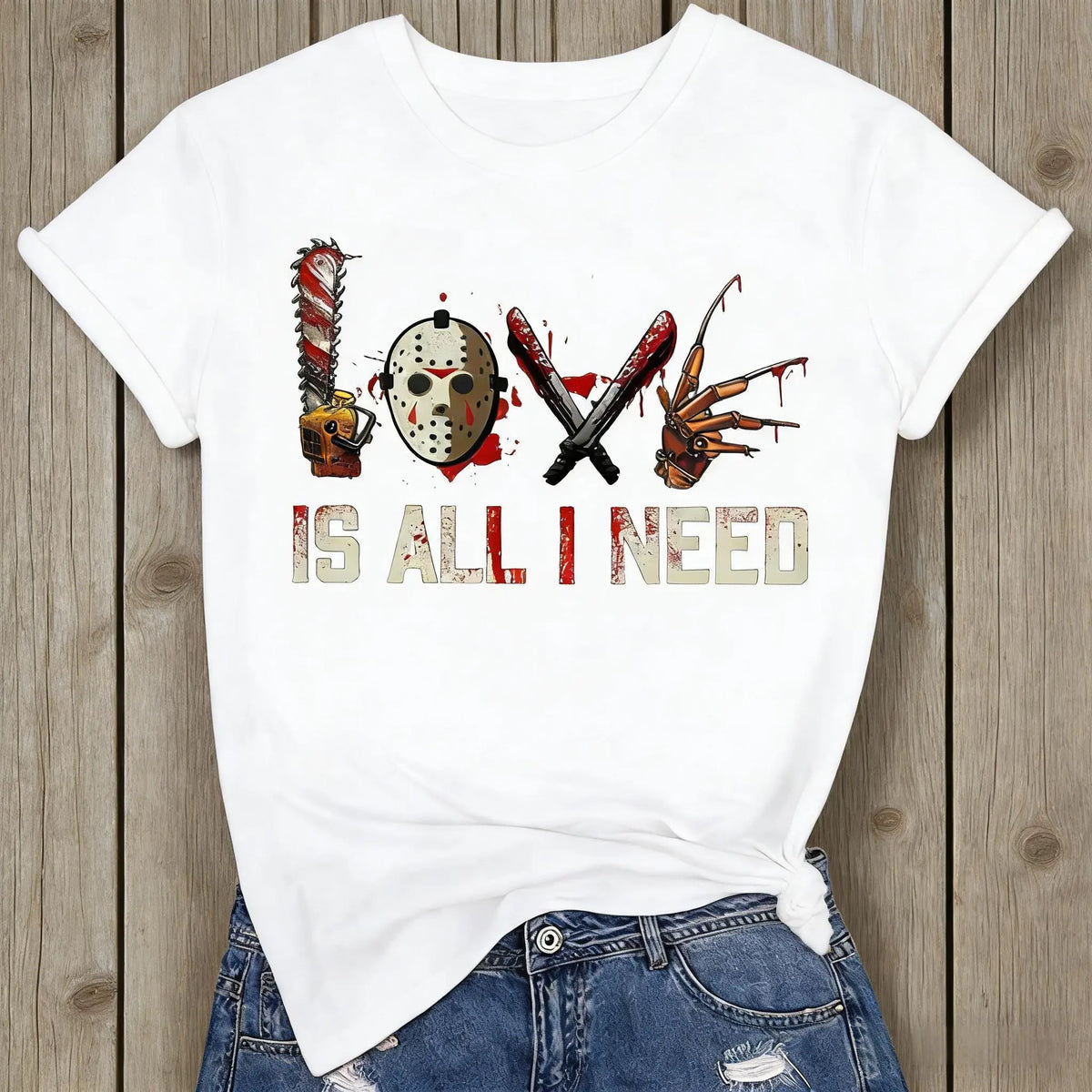 Women's Halloween Squad T-Shirt - Short-Sleeve Casual Horror Movie Graphic Top, Halloween Shirts for Women, "Love is All I Need" Novelty Scary Tee Crewneck Womenswear