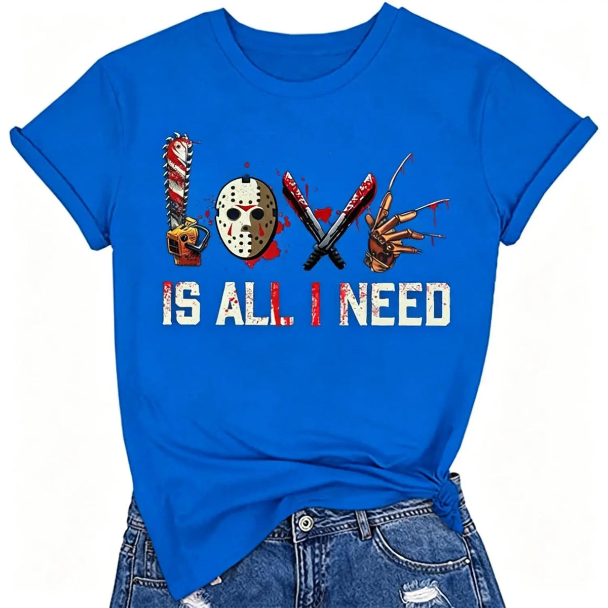 Women's Halloween Squad T-Shirt - Short-Sleeve Casual Horror Movie Graphic Top, Halloween Shirts for Women, "Love is All I Need" Novelty Scary Tee Crewneck Womenswear