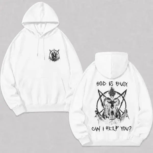 Men's Long Sleeve Unisex Dark Satanic Soft Ghost Fabric Hoodie - Print Graphic, "God Is Busy Can I Help You?" Design, Evil Goat Skull, Gothic Punk Metal Top, Occult Halloween Party Thanksgiving Edgy Pullover Sweatshirt