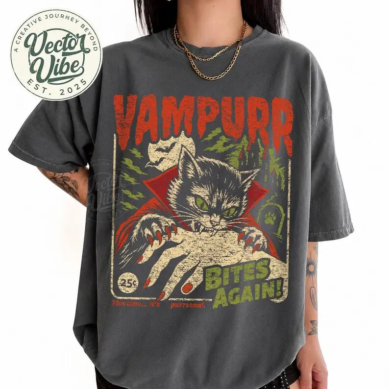 Comfort Colors Vampire Cat Shirt, Retro Halloween Graphic Tee, Funny Spooky Cat T-Shirt, Vampurr Bites Again Halloween Apparel, Cute Gothic Cat Gift - View 4