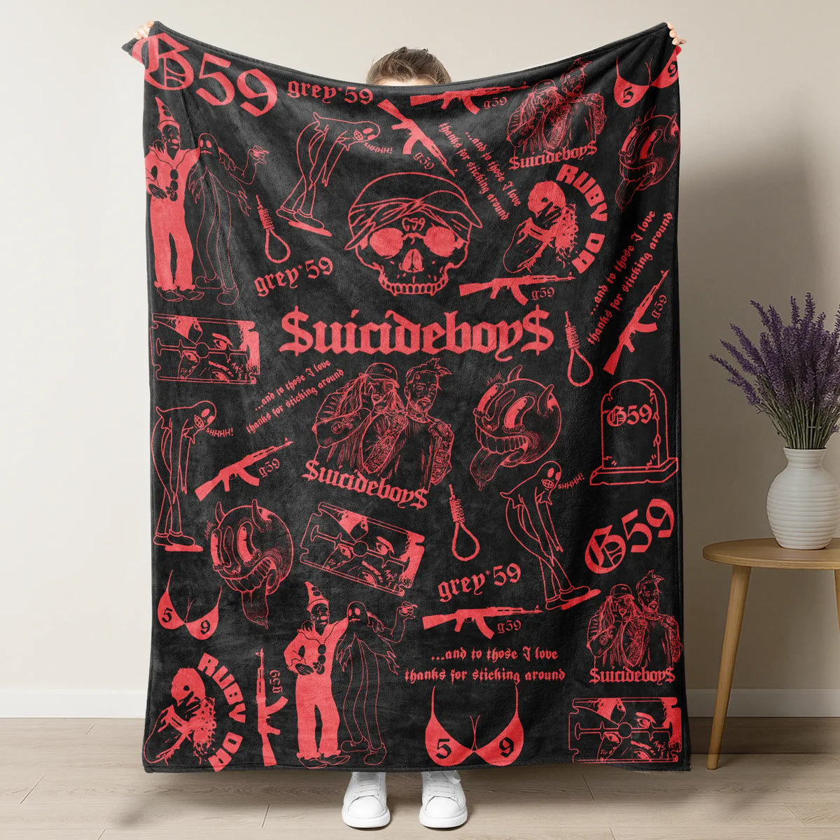 Retro Punk Full Wrap Print Blanket, Premium Soft Fleece Pink Black Horror Skull & Clown Art Blanket Versatile For Sofa Nap Camping And Fan Collectible Present - View 6