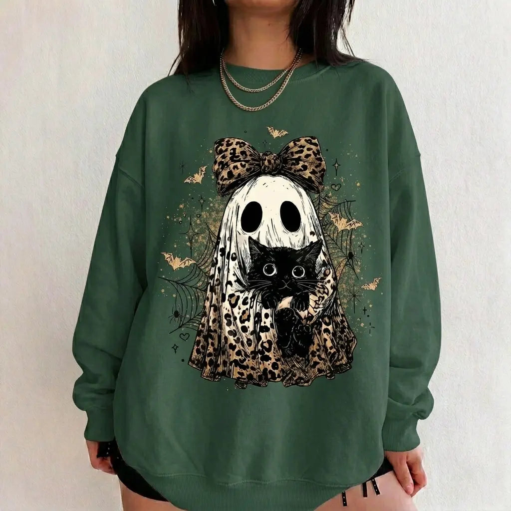 Leopard Ghost Cat Halloween Sweatshirt, Cute Spooky Black Cat Graphic Shirt, Coquette Bow Ghost Fall Outfit