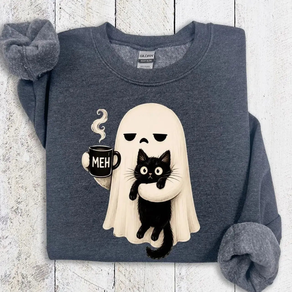 Ghost Holding Black Cat Sweatshirt - Spooky Halloween Graphic Crewneck