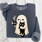 Ghost Holding Black Cat Sweatshirt - Spooky Halloween Graphic Crewneck