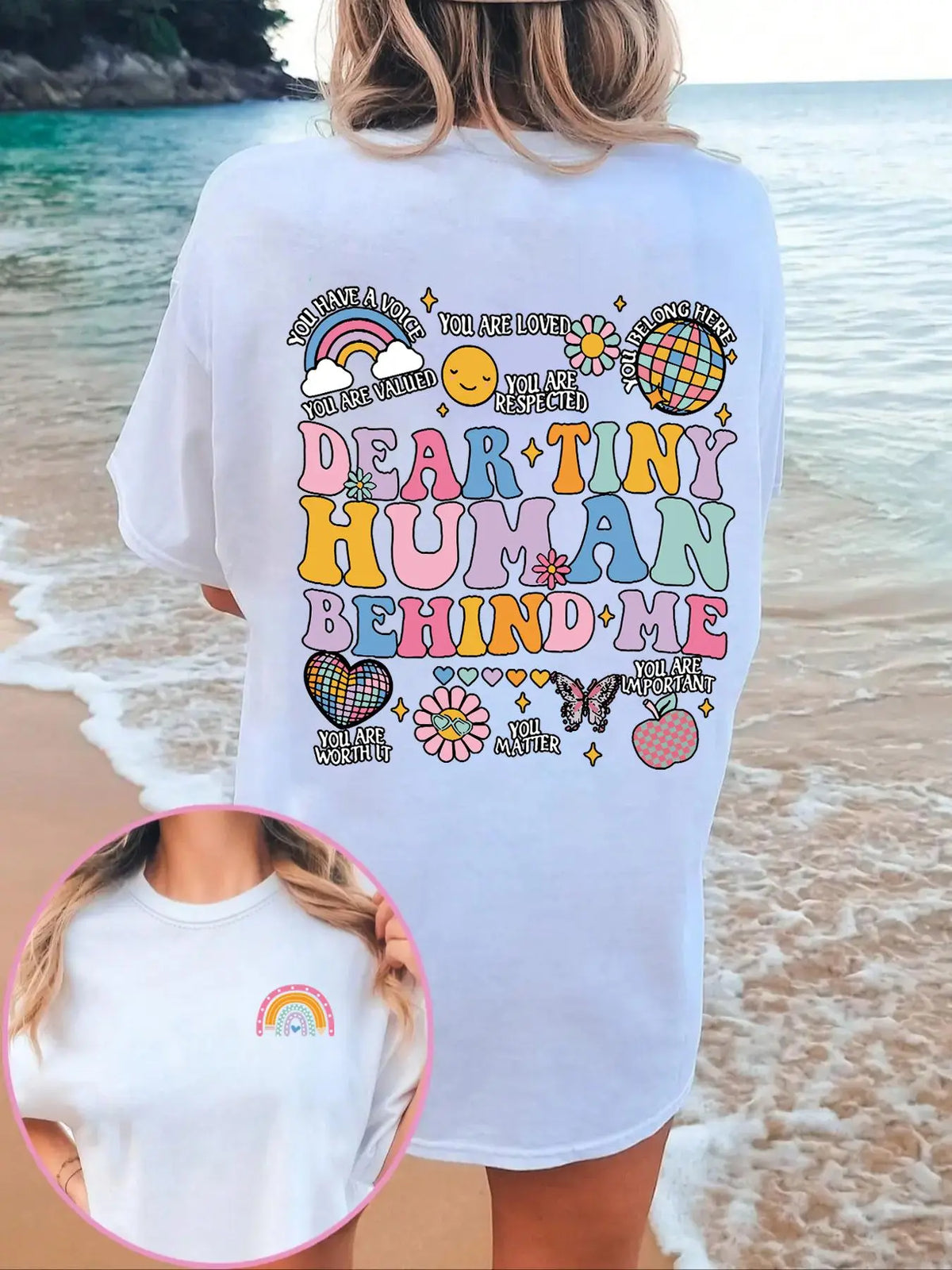 Women's Rainbow & Letter & Floral Print Round Neck Graphic Tee, T Shirts for Women, Vintage Trendy Boho Casual Summer Streetwear Short Sleeve T-shirt for Daily Wear, Ladies Summer Outfit Womenswear Apparel T Shirt