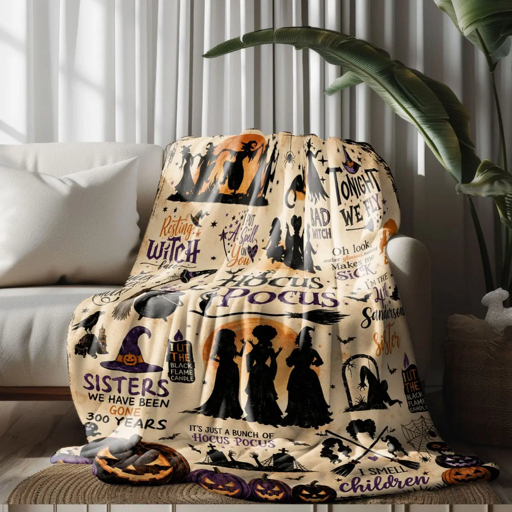 Comfortable Halloween Three Witches & Pumpkin Print Flannel Blanket, Soft Warm Anti-Pilling Cozy Throw, Ideal Fall & Winter Gift, Fall Blankets - View 7