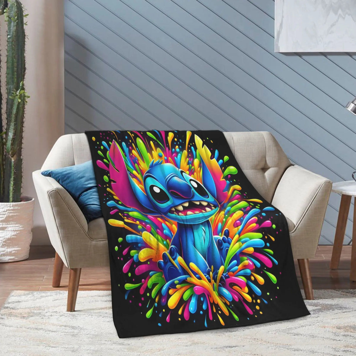 [SummerVibes] DISNEY CLASSIC Lilo & Stitch Colorful Splash Throw Blanket - Super Soft Flannel, Lightweight, Ideal for Couch, Camping & Outdoor Use - View 3