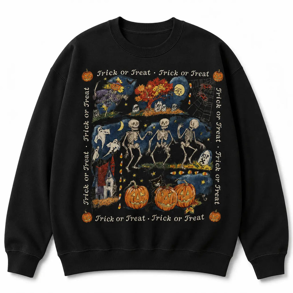 Halloween Skeleton Crewneck Vintage 90s Cotton Unisex, Trick or Treat Halloween Aesthetic, Garment-Dyed Soft, Women's Fall Relaxed Fit Sweatshirt - View 2