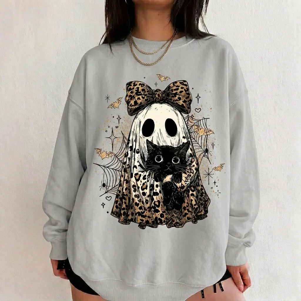 Leopard Ghost Cat Halloween Sweatshirt, Cute Spooky Black Cat Graphic Shirt, Coquette Bow Ghost Fall Outfit