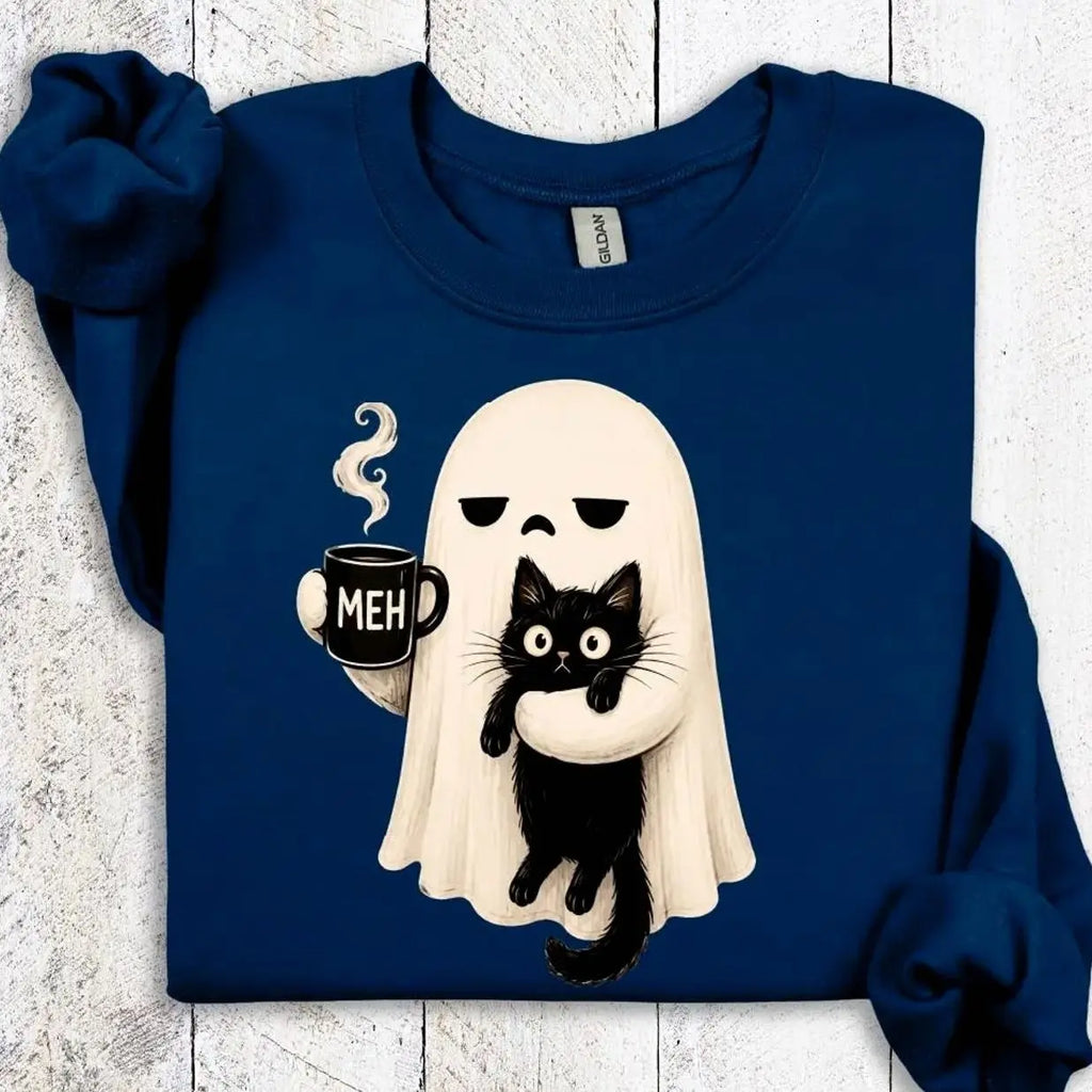 Ghost Holding Black Cat Sweatshirt, Meh Coffee Ghost Halloween Sweatshirt, Funny Spooky Cat Hoodie, Cute Halloween Graphic Tee, Fall Autumn Spooky Season Outfit, Halloween Party Apparel, Gift for Women & Men - View 2