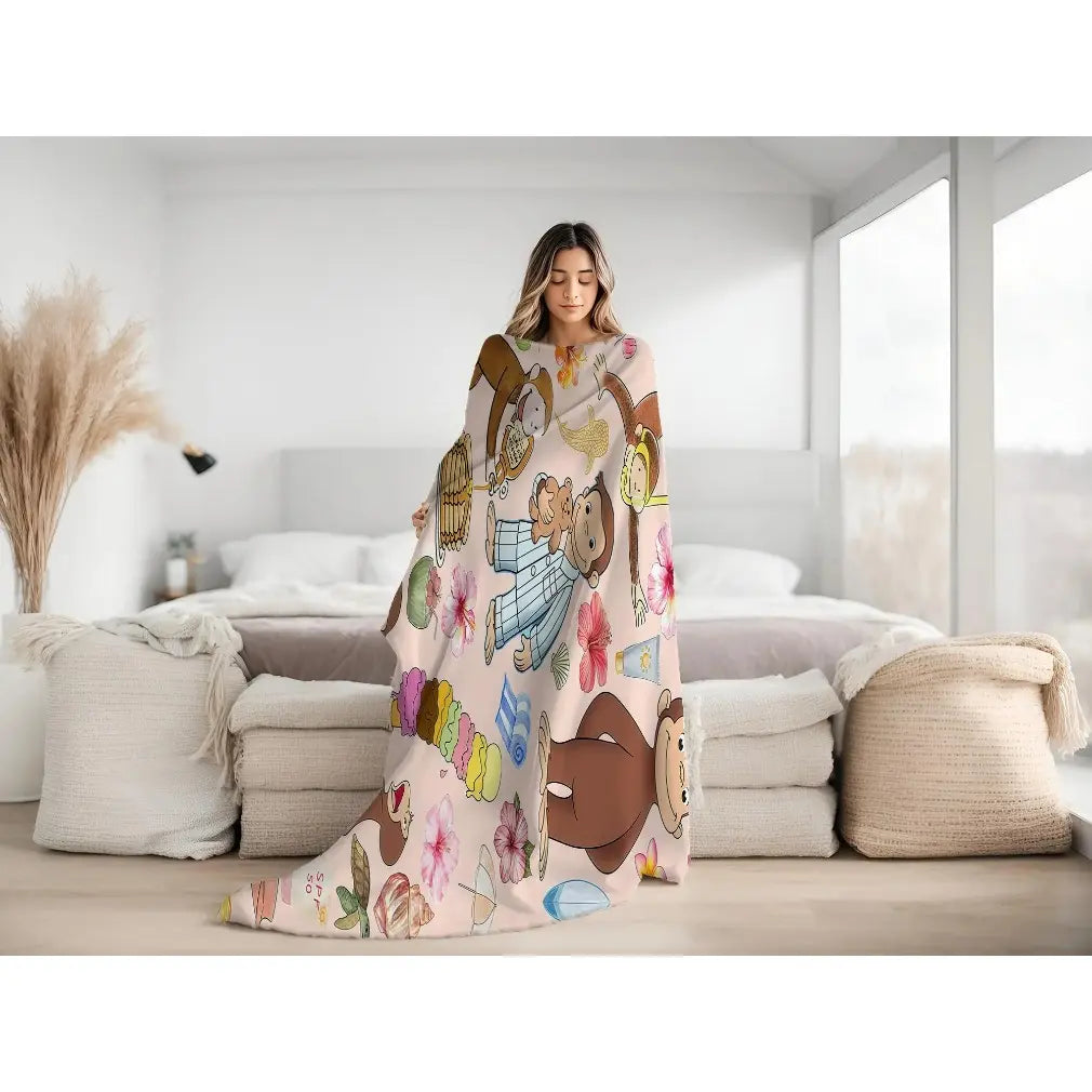 Curious George Classic Flannel Print Throw Blanket - Tropical & Pajama Collage, Beach Surf Adventure, Pancake Scene Designs, Lightweight, Fade Resistant, Soft Cozy, Machine Washable for Kids' Beds, Living Space Snuggle, Holiday Birthday Gift - View 3