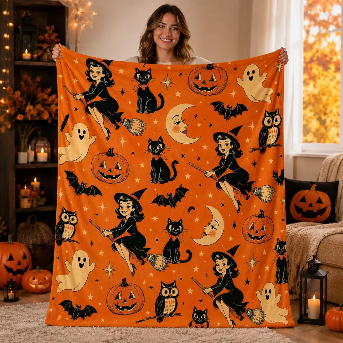 Halloween Witch Flannel Blanket, Retro 60s Flannel Throw Blanket, Soft Cozy Plush for Bed Sofa, Spooky Fall Room Decor, Christmas Gift - View 1