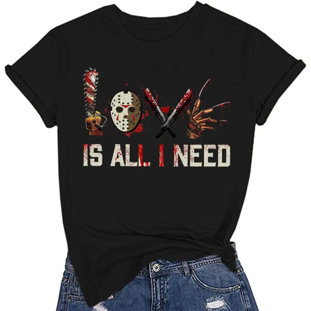 Women's Halloween Squad T-Shirt - Short-Sleeve Casual Horror Movie Graphic Top, Halloween Shirts for Women, "Love is All I Need" Novelty Scary Tee Crewneck Womenswear