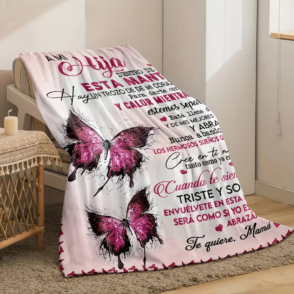 Mama&Papa Inspirational Blanket for Daughters&Son-the perfect graduation gift, birthday present, back-to-school gift, or Christmas present. Features pink butterfly embellishments and makes a lovely addition to your daughter’s bedroom. - View 3