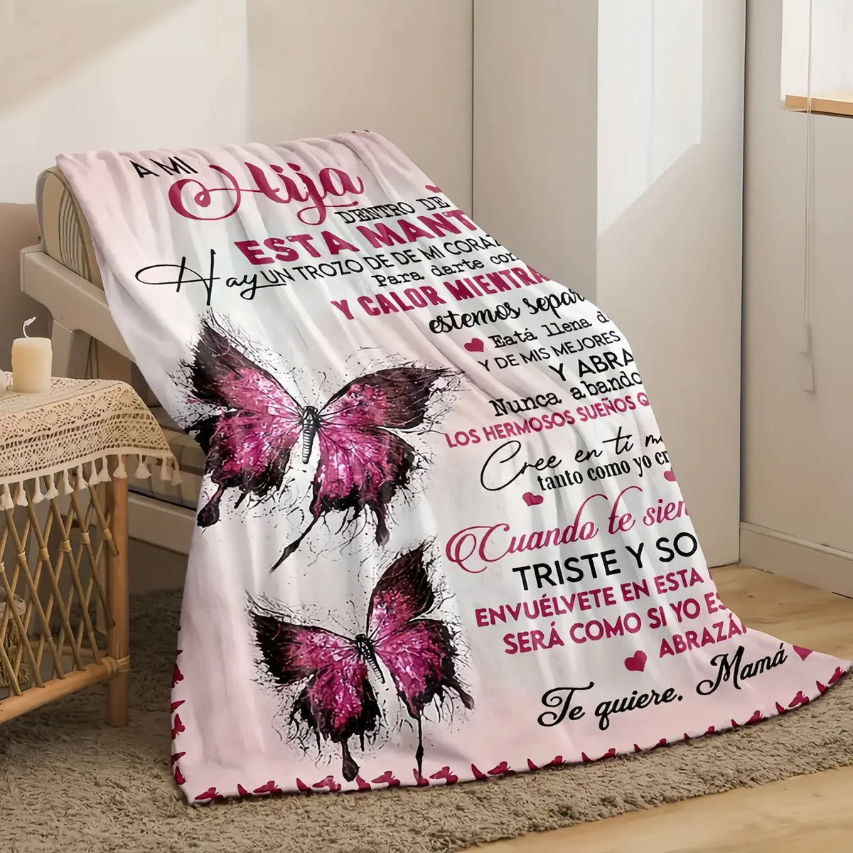 Mama&Papa Inspirational Blanket for Daughters—the perfect graduation gift, birthday present, back-to-school gift, or Christmas present. Features pink butterfly embellishments and makes a lovely addition to your daughter’s bedroom.
