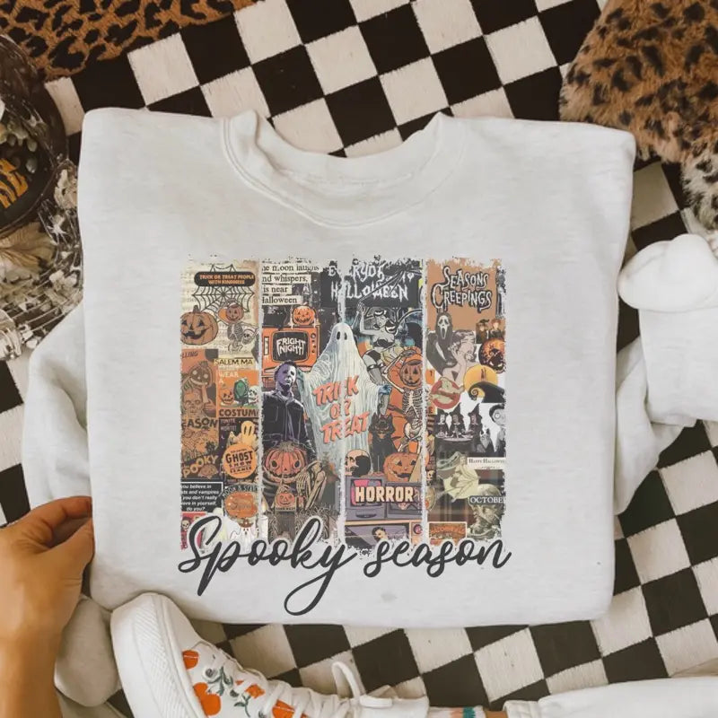 Spooky Season Collage Sweatshirt, Ash Grey