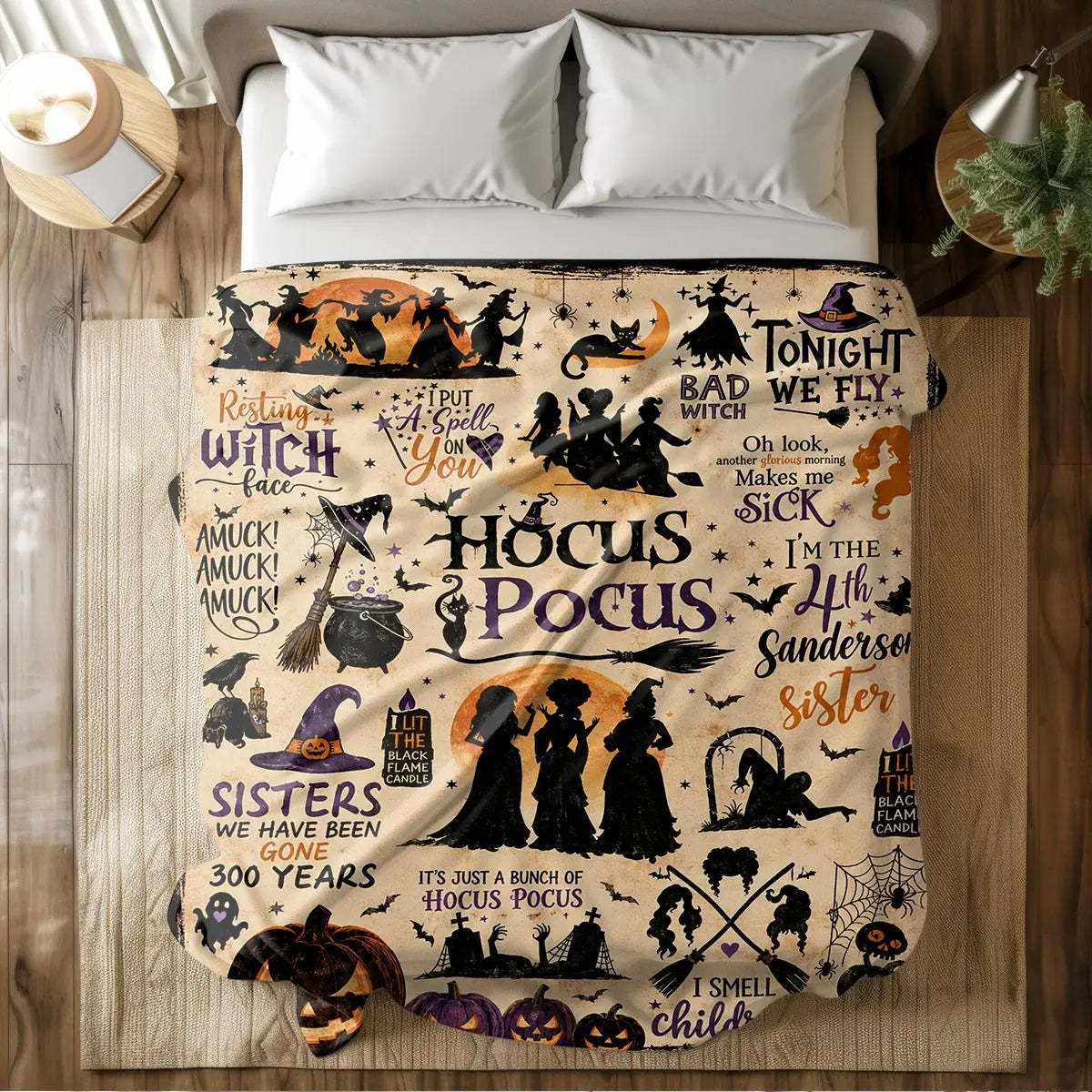 Comfortable Halloween Three Witches & Pumpkin Print Flannel Blanket, Soft Warm Anti-Pilling Cozy Throw, Ideal Fall & Winter Gift, Fall Blankets - View 3
