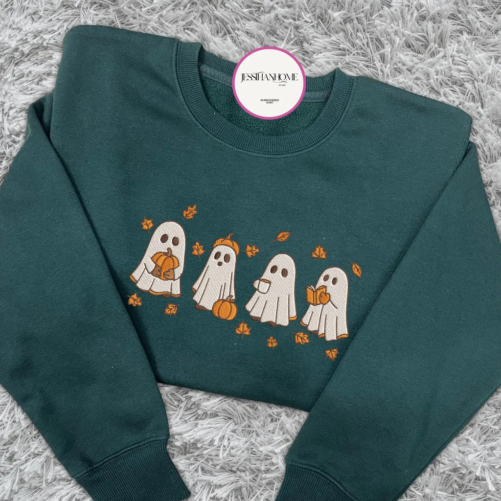 Embroidered Spooky Fall Sweatshirt, Vintage Halloween Pumpkin Spooky Season Sweater, Ghost And Pumpkin T-shirt, Halloween Gifts - View 3