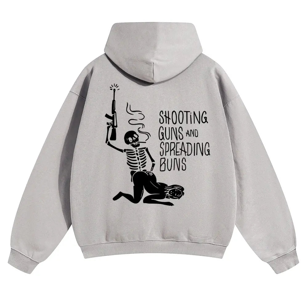 SHOOTING GUNS AND SPREADING BUNS Skull with Sexy Lady Unisex FallFreshness outfits men streetwear 80s 90s graphic tees cotton funny Hoodies men gifts - View 10
