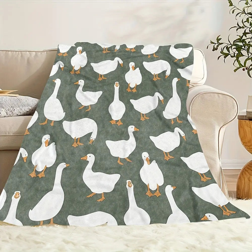 Sage Green Plush Flannel Fabric Decorative Throw Blanket - Cute White Goose Bird Motifs, Soft Cozy Warm Fuzzy Animal-Themed Blanket, Multi-Size for Bedroom Sofa, Ideal Gift for Home Decor Enthusiasts - View 4
