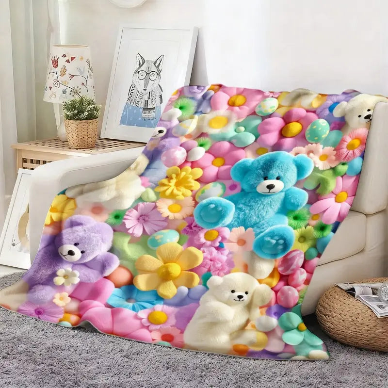 2D Teddy Pastel Floral Print Throw Blanket - Kawaii Plush Super Soft Cozy Aesthetic Throw for Bedroom Room Decor, Whimsical Home Decor Item, Cool Gift for Kids
