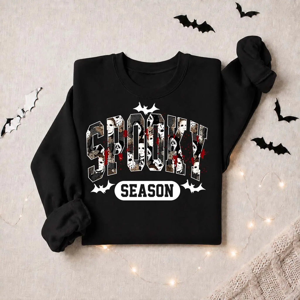 Women’s Spooky Season Graphic Sweatshirt, Horror Mask Collage Crewneck Pullover, Halloween Bat Print Long Sleeve Fall Top, Cozy Casual Autumn Shirt for Haunted House Nights, Halloween Parties, Weekend Wear & Seasonal Outfits - View 1