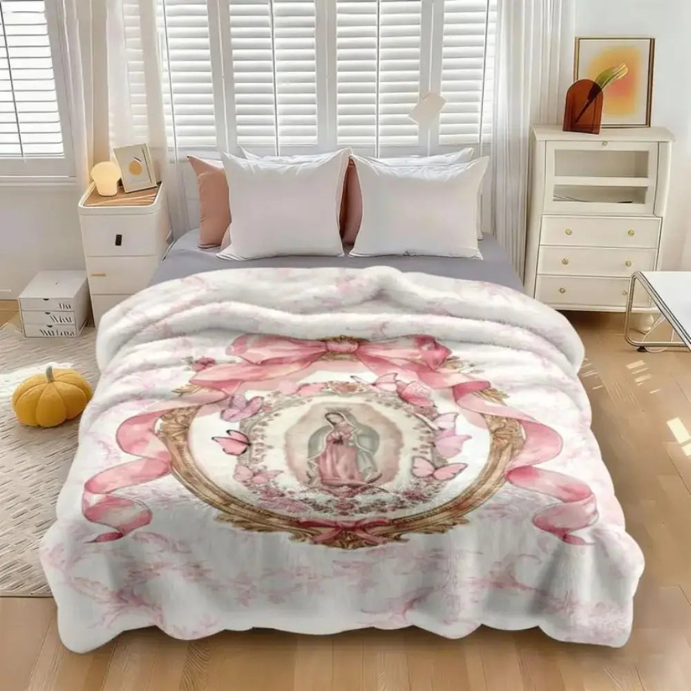 Virgin Mary Our Lady of Guadalupe Pink Bow Frame Flannel Blanket Soft Funny Throw Blanket Cozy Lightweight Plush Portable Cover Blanket For Sofa,Warm Gift For Birthday,Christmas,Multiple Blanket Cozy Chic Blanket Flannel Throw Blankets - View 5