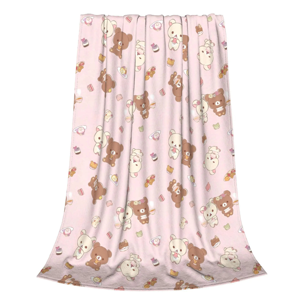 Kawaii Rilakkuma Knitted Flannel Throw Blanket - Figure Print Bed Accessories, Cutecore Stuff, Cozy Girly Room Stuff, Teen Room Decor, Soft Warm Summer AC Use, Home Goods Gift for Girls - View 3