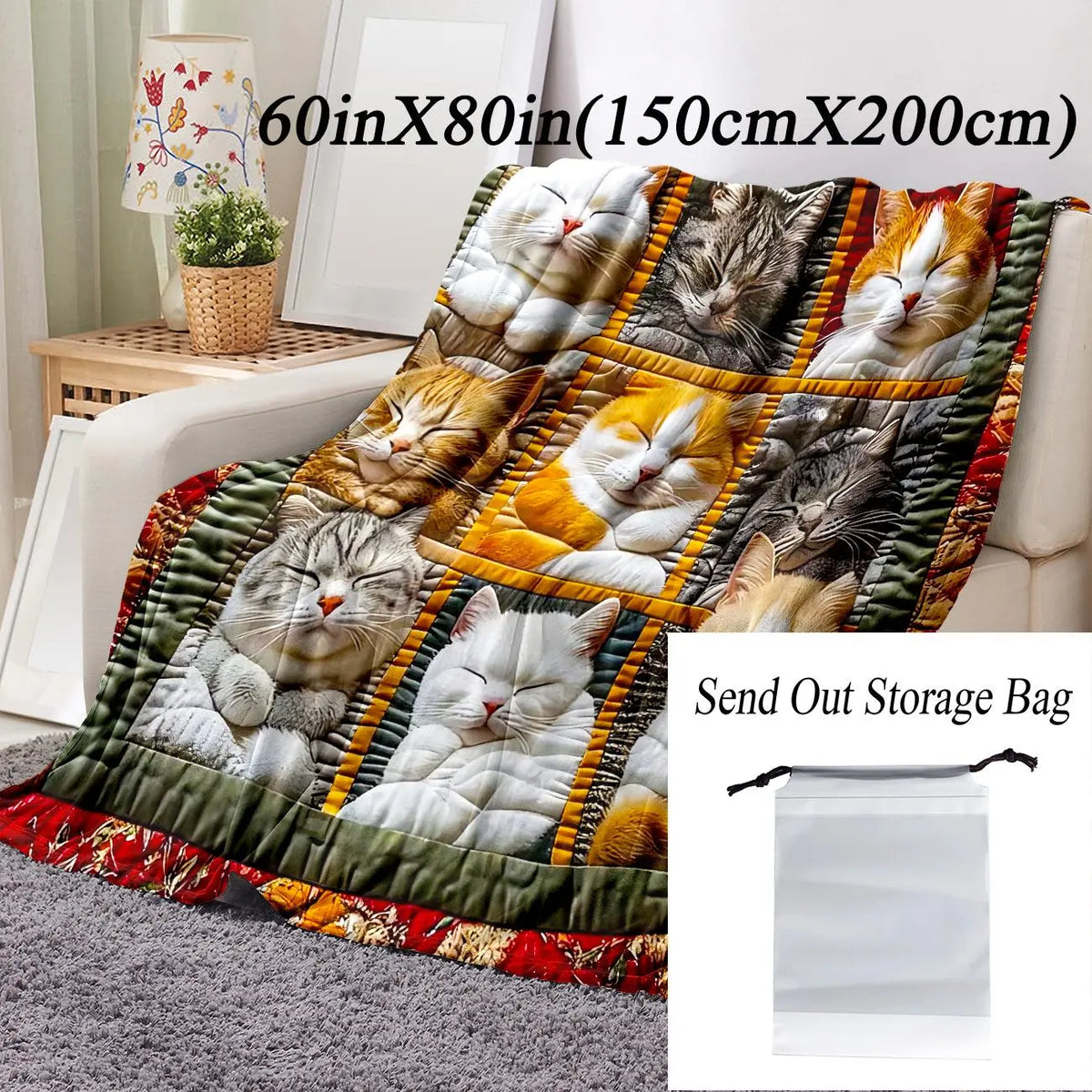 Cat Pattern Flannel Blanket, 1 Count Soft Comfortable Cozy Graphic Throw Blanket with Storage Bag, Air-conditioned Room Blanket, Warm Nap Blanket for Home Office Travel, Cozy Blankets - View 2