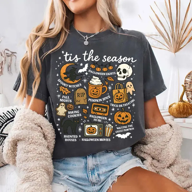 Tis The Season Halloween Sweatshirt, Cute Fall Graphic Tee, Pumpkin Witch Shirt, Trendy Halloween Gift Top,  Unisex Womenswear