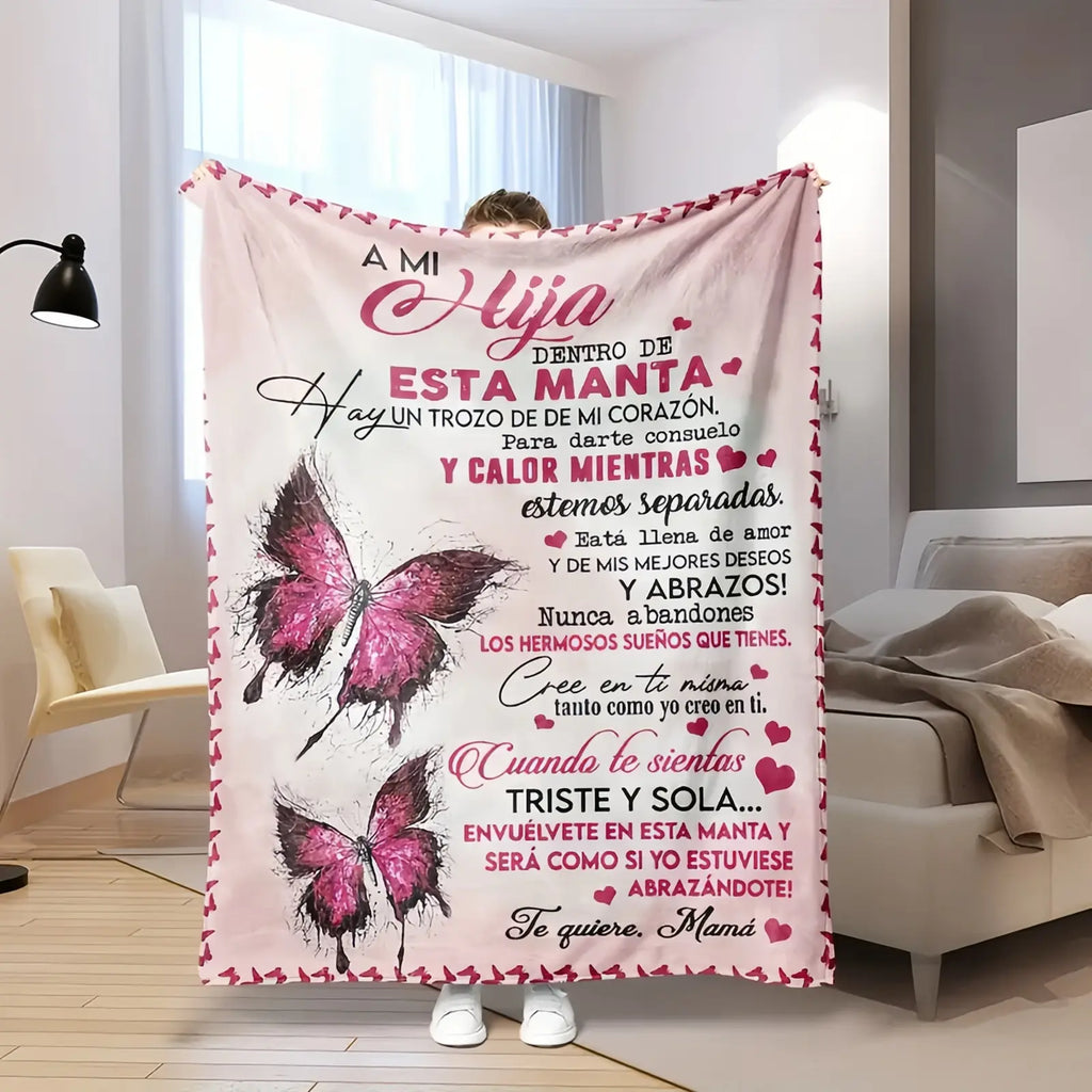 Mama&Papa Inspirational Blanket for Daughters&Son-the perfect graduation gift, birthday present, back-to-school gift, or Christmas present. Features pink butterfly embellishments and makes a lovely addition to your daughter’s bedroom. - View 11