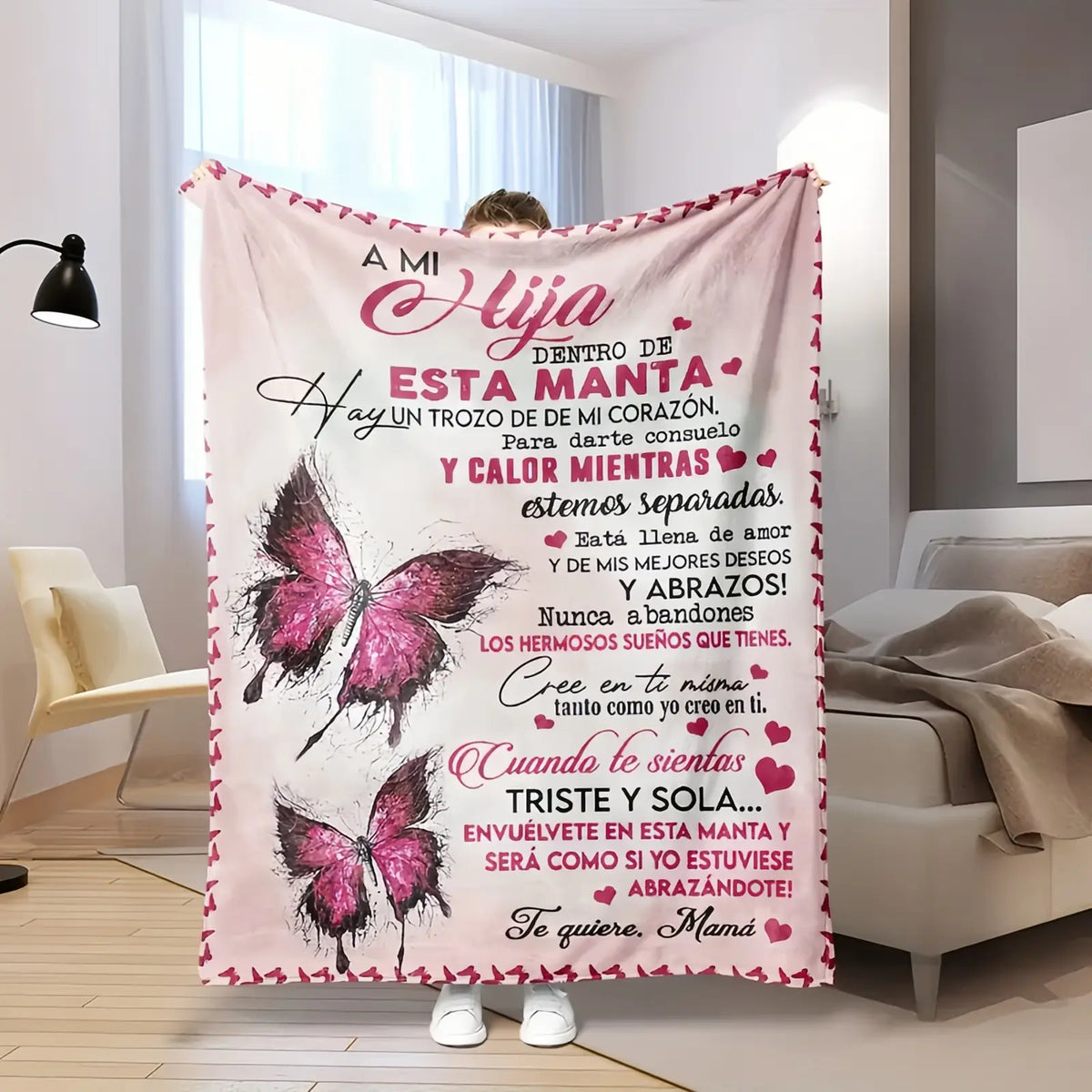 Mama&Papa Inspirational Blanket for Daughters—the perfect graduation gift, birthday present, back-to-school gift, or Christmas present. Features pink butterfly embellishments and makes a lovely addition to your daughter’s bedroom.