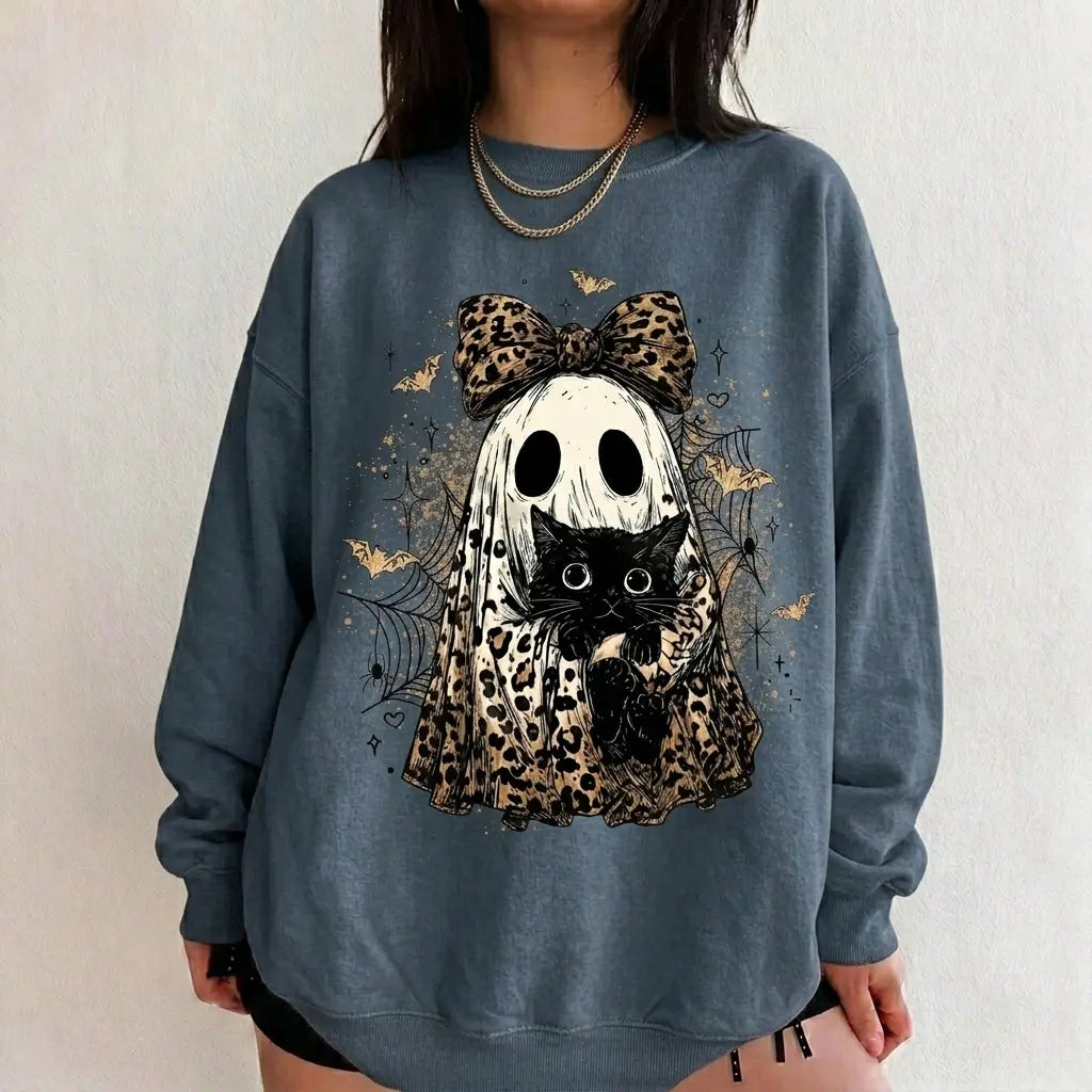Leopard Ghost Cat Halloween Sweatshirt, Cute Spooky Black Cat Graphic Shirt, Coquette Bow Ghost Fall Outfit