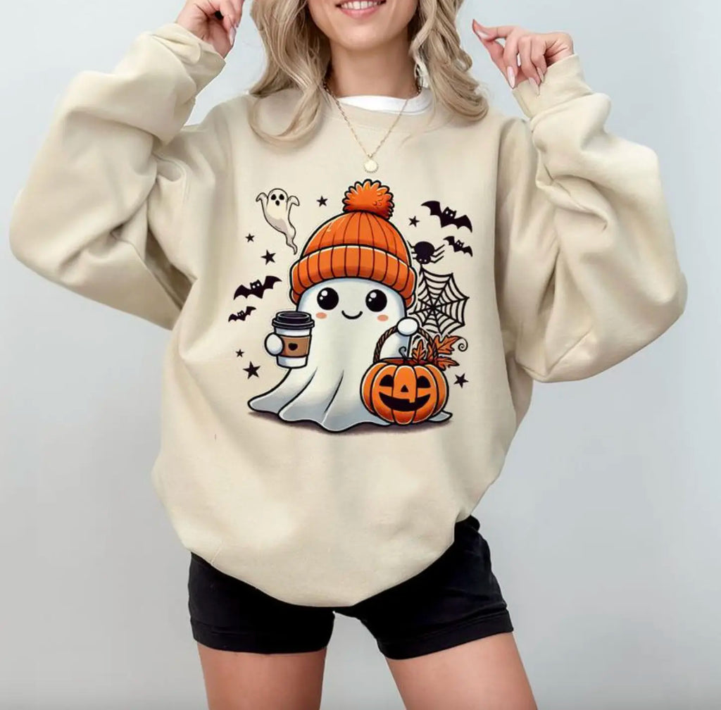 Halloween Ghost Sweatshirt - Shirt - Hoodie, Cute Ghost Sweatshirt, Halloween T-shirt, Cute Fall Shirt, Spooky Season Sweatshirt, Trendy Ghost Halloween T-shirt, Funny Ghost T-shirt, Full Color, For Men, For Women, Classic Fashion, Full Sizes, Tee Print - View 6