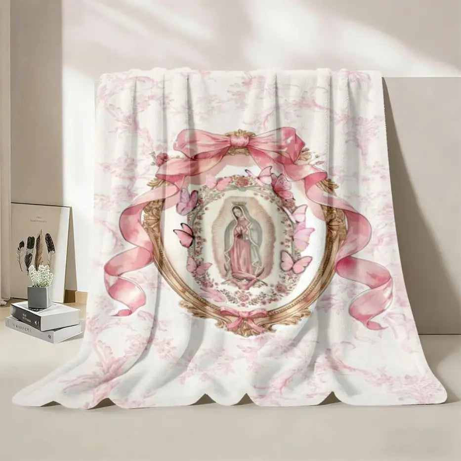 Our Lady of Guadalupe Pink Bow Frame Art Flannel Blanket - Super Soft Warm Wrinkle Resistant Polyester Throw with Colorful Cute Sloth Design, Comfy Vibes Cozy Style - Ideal for Bed, Sofa - Unique Gifts for Women - View 7