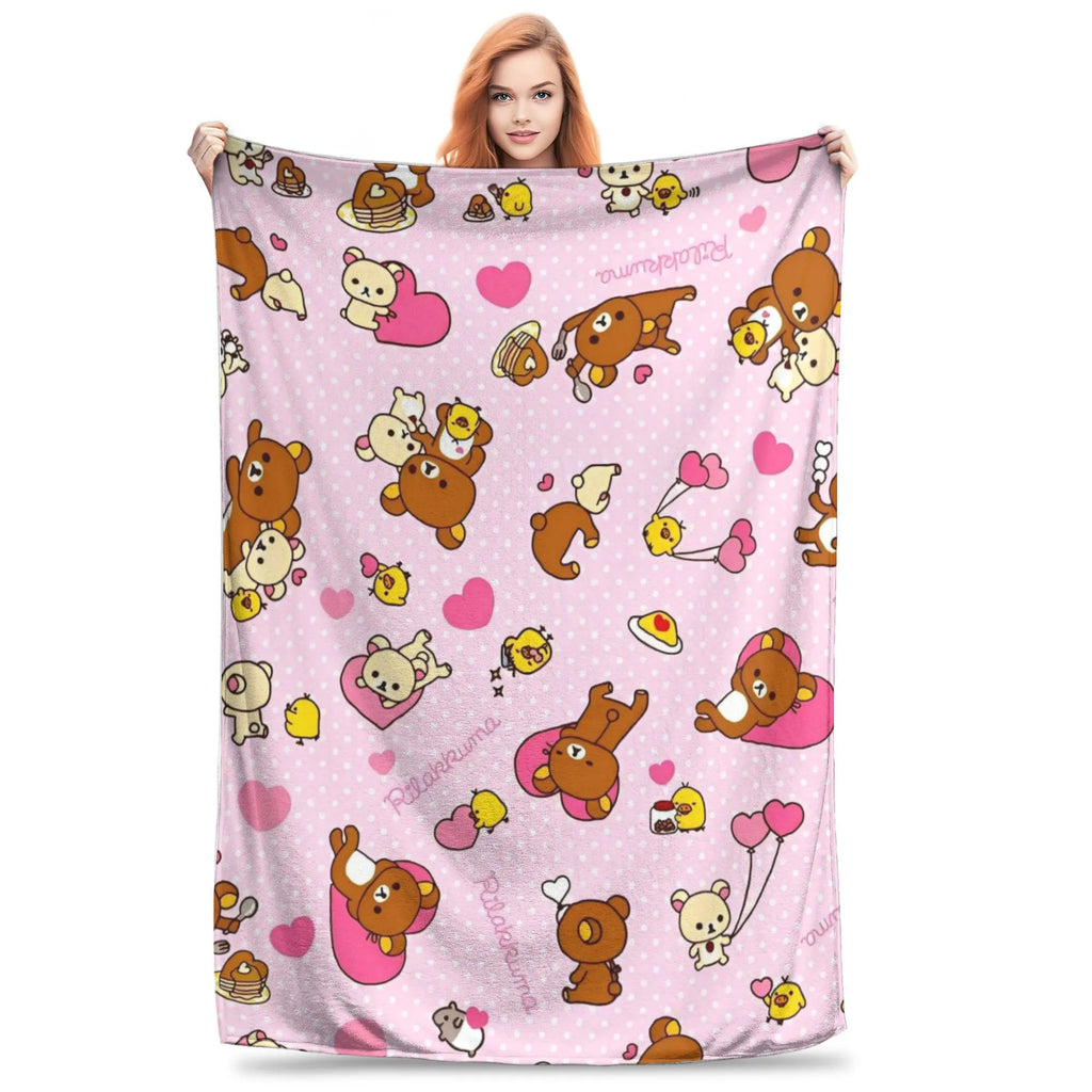 Kawaii Rilakkuma Knitted Flannel Throw Blanket - Figure Print Bed Accessories, Cutecore Stuff, Cozy Girly Room Stuff, Teen Room Decor, Soft Warm Summer AC Use, Home Goods Gift for Girls - View 9