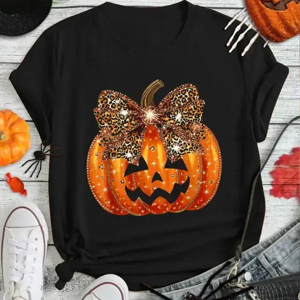 [100% Cotton] Pumpkin Leopard Coquette Bow Girly Women Girls Halloween T-Shirt Print Round Neck Short Sleeve Streetwear Fashion Breathable Homme Soft Unisex Designer Clothes For Women Casual Clothes,Hoodie And Sweats Golf Gift T-Shirt For Men And Women - View 1