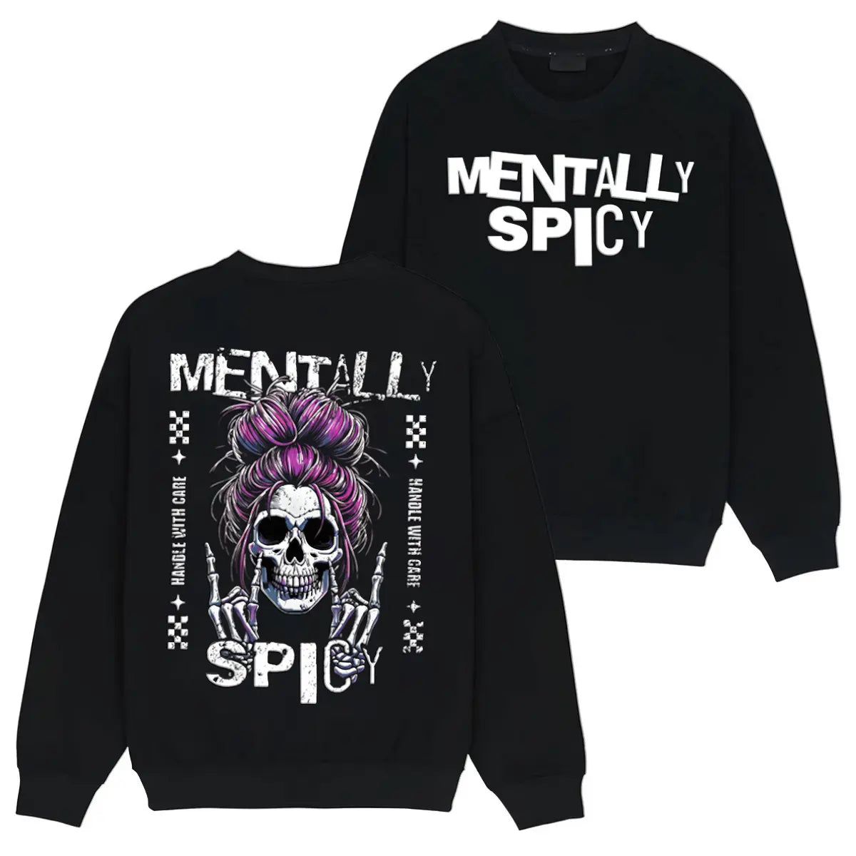 Men's Baggy Pullover Hoodie - Funny Spooky Skeleton Hands & Skull Messy Bun Graphic Print Classic Top, Soft Cotton Casual Alternative Ghost Style, for Party, Check Size Chart, Cute, Hand Wash, Do Not Bleach,sohochic