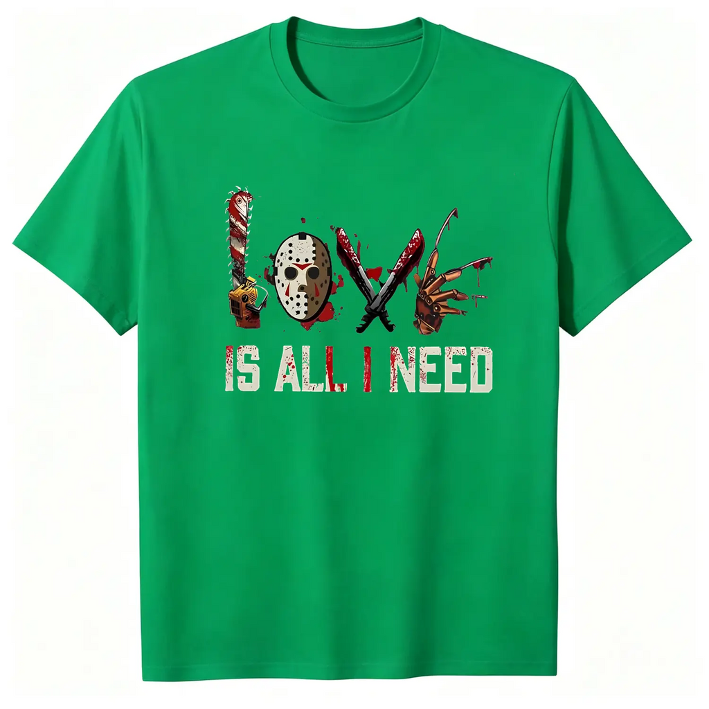 Women's Halloween Squad T-Shirt - Short-Sleeve Casual Horror Movie Graphic Top, Halloween Shirts for Women, "Love is All I Need" Novelty Scary Tee Crewneck Womenswear