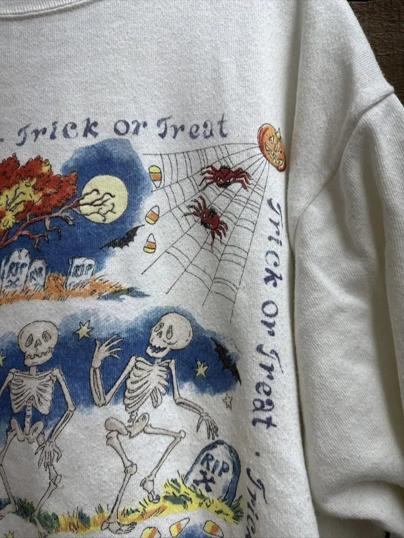 Vintage 90s Halloween Skeleton Trick or Treat Sweatshirt, Retro Halloween Graphic Crewneck, Spooky Pumpkin Ghost Sweatshirt, Unisex Fall Gift