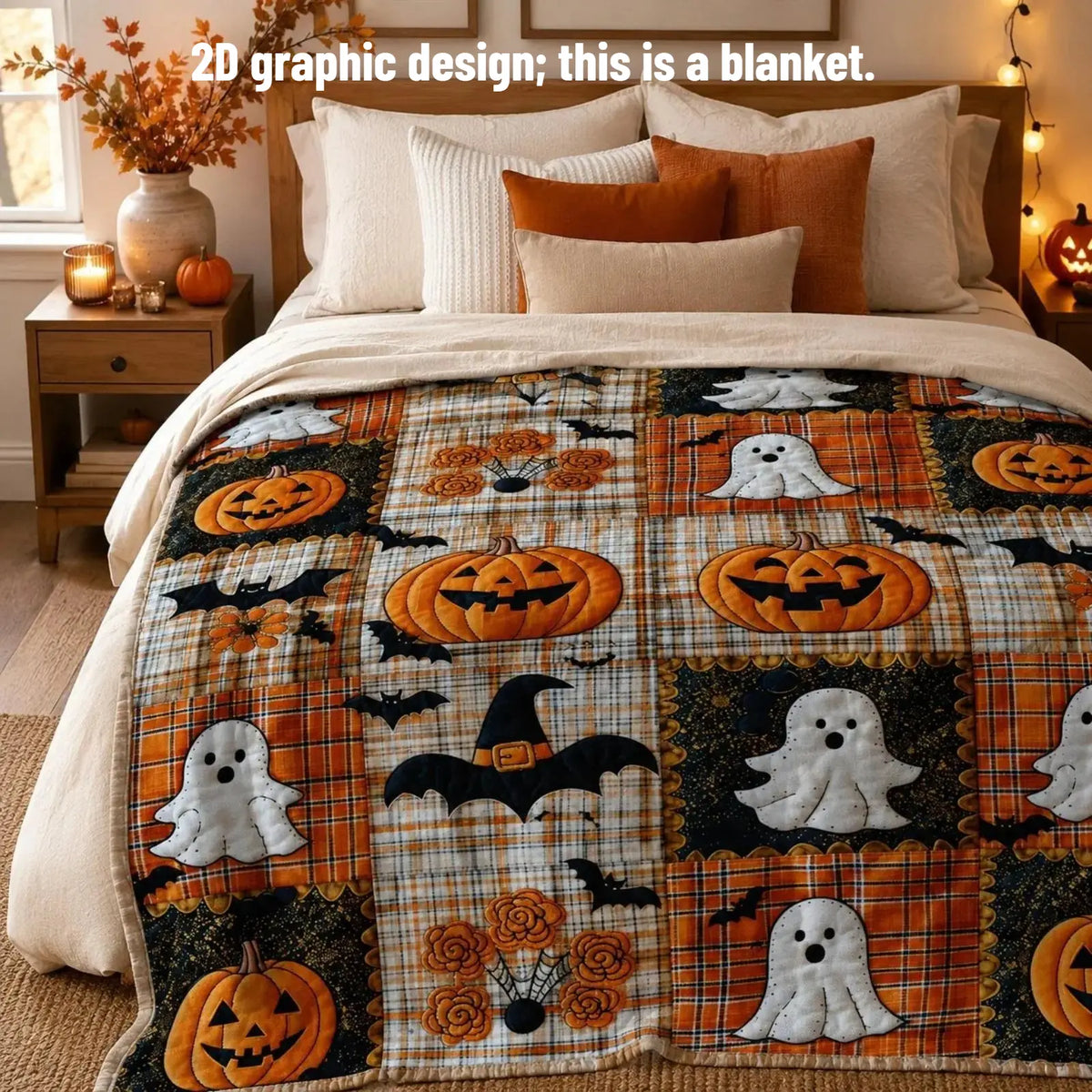 Countdown Sale Halloween Pumpkin Ghost Bat Plaid Patchwork Flannel Blanket Kids And Adults AC Blanket Soft Warm Cozy Throw Blanket Lightweight Sofa Bed Couch Bedroom Living Room Fall Autumn Home Decor Gift Viral Halloween Blanket - View 6